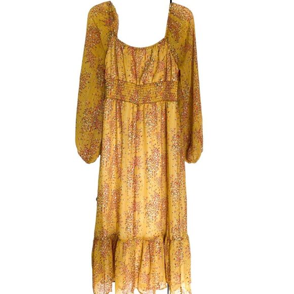 Piper and Scoot Yellow Shimmer Floral Long Sleeve Midi Dress Size Medium - Picture 11 of 12